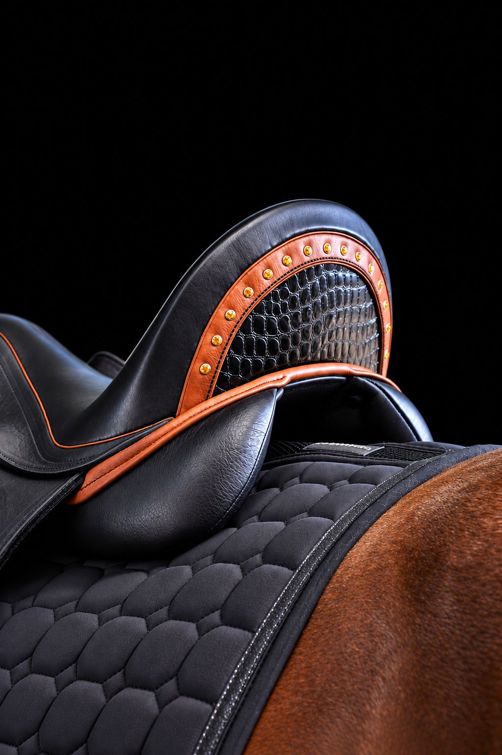 Black Equiveron saddle with croco halfmoon, cognac piping and crystals
