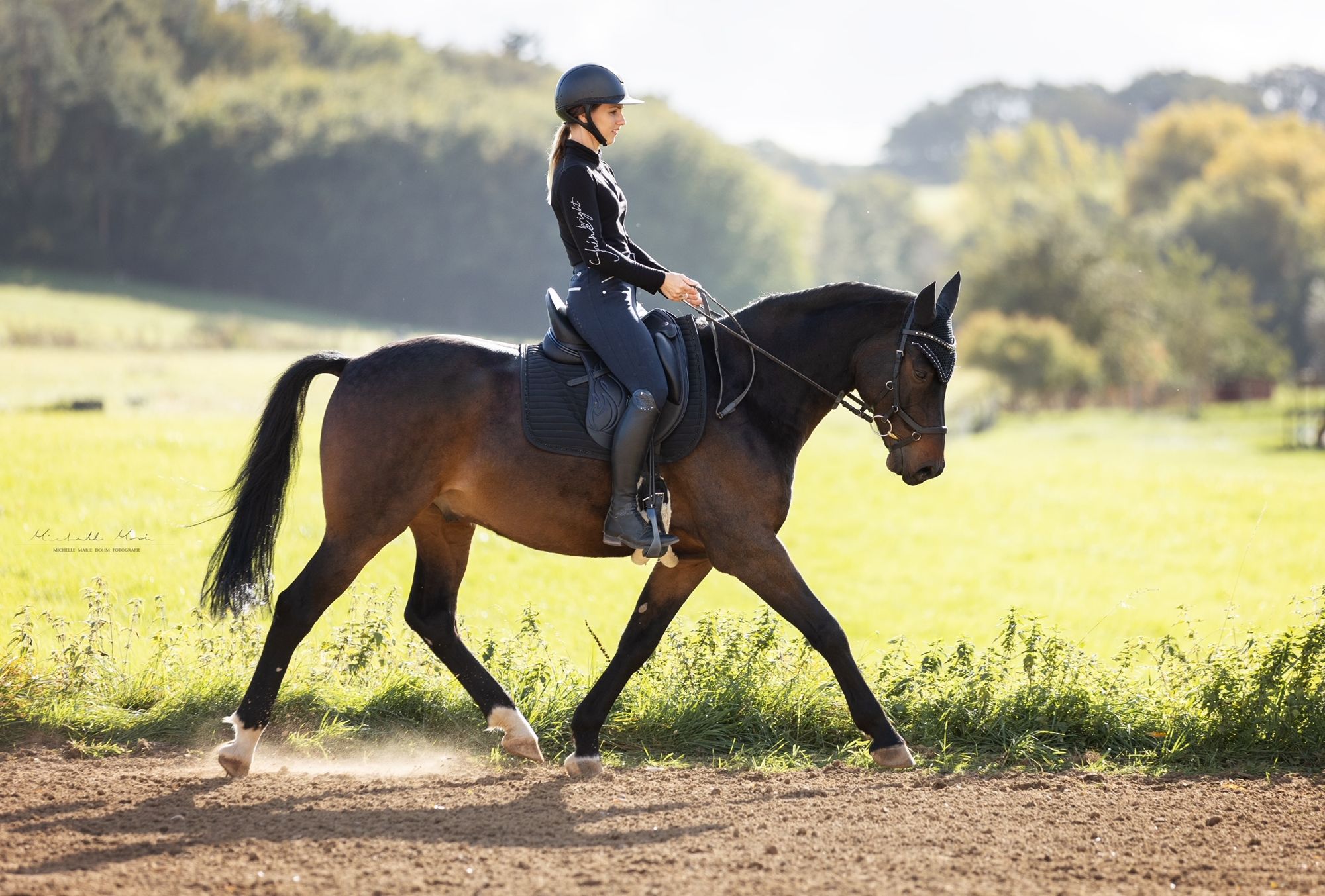 Rider trotting a bay horse with an Equiveron saddle in the countryside